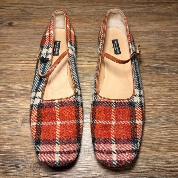 Kate Spade Plaid Mary Jane Flats Leather Trim 9.5 - Picture 2 of 12